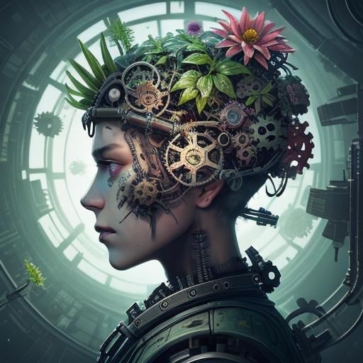 Biopunk Mechanical Brain with Flowers of the Future