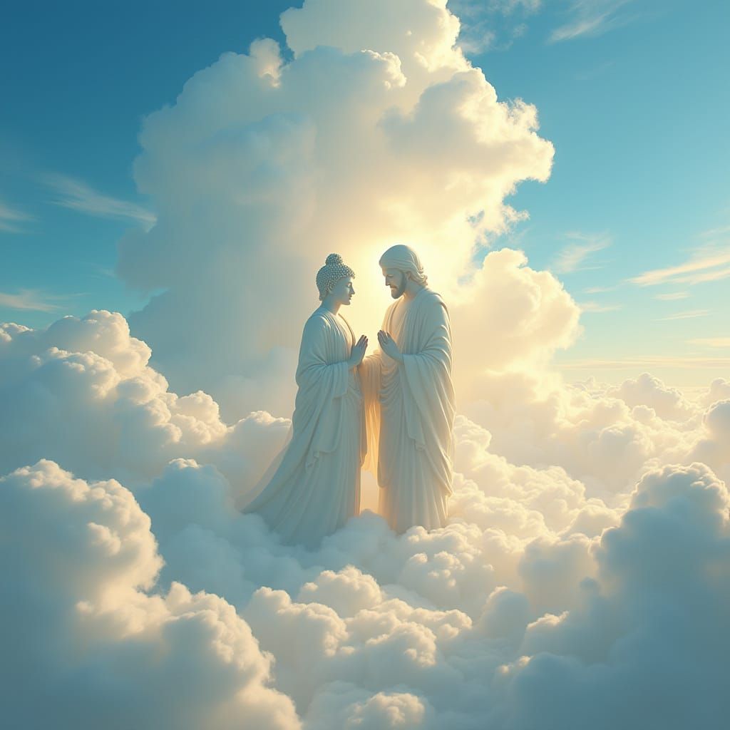 Buddha and Jesus Amidst a Heavenly Realmscape