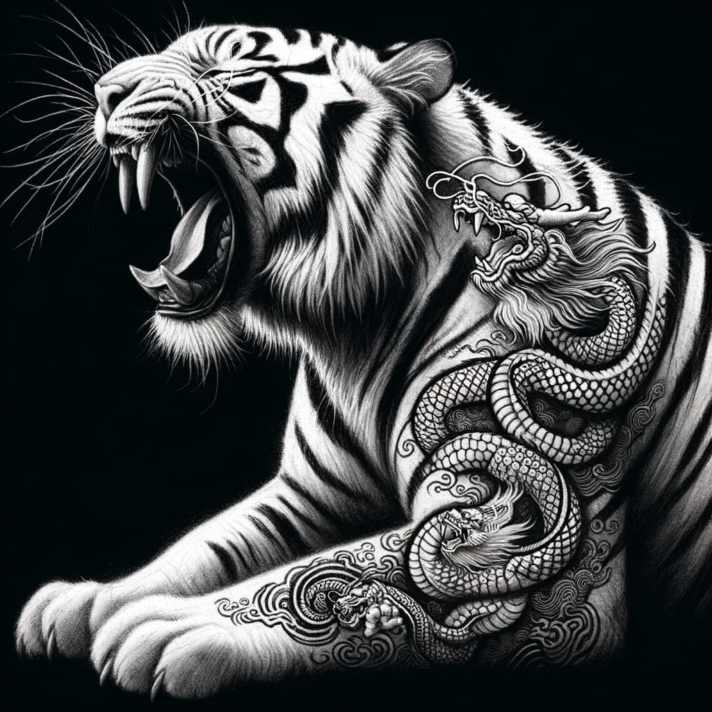 White Tiger Roaring with Dragon Tattoos in Charcoal Style
