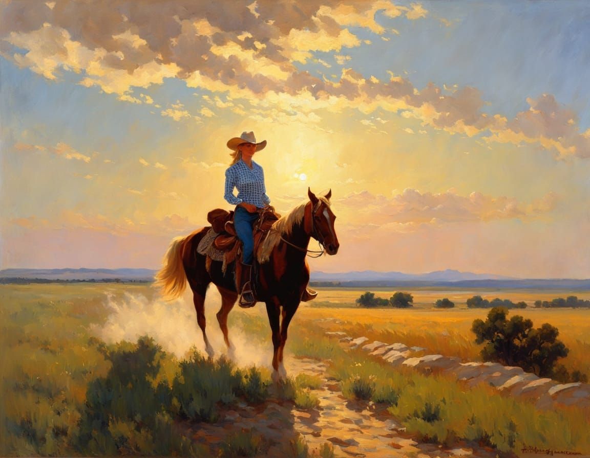 Impressionistic Cowboy Landscape in Golden Hour