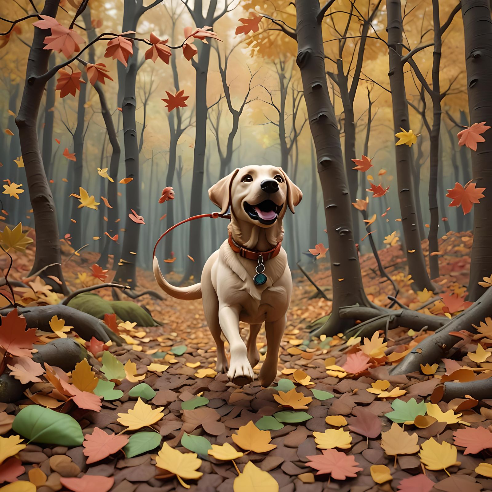 Plasticine Labrador in Autumn Whirlwind, 3D Render