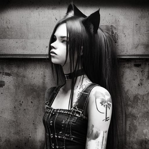 Grunge Cat-Eared Woman in Moody Low-Key Lighting