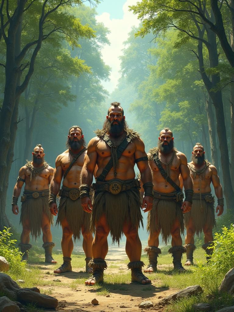 Primal Warriors in Emerald Forest, Dystopian Paleo Art