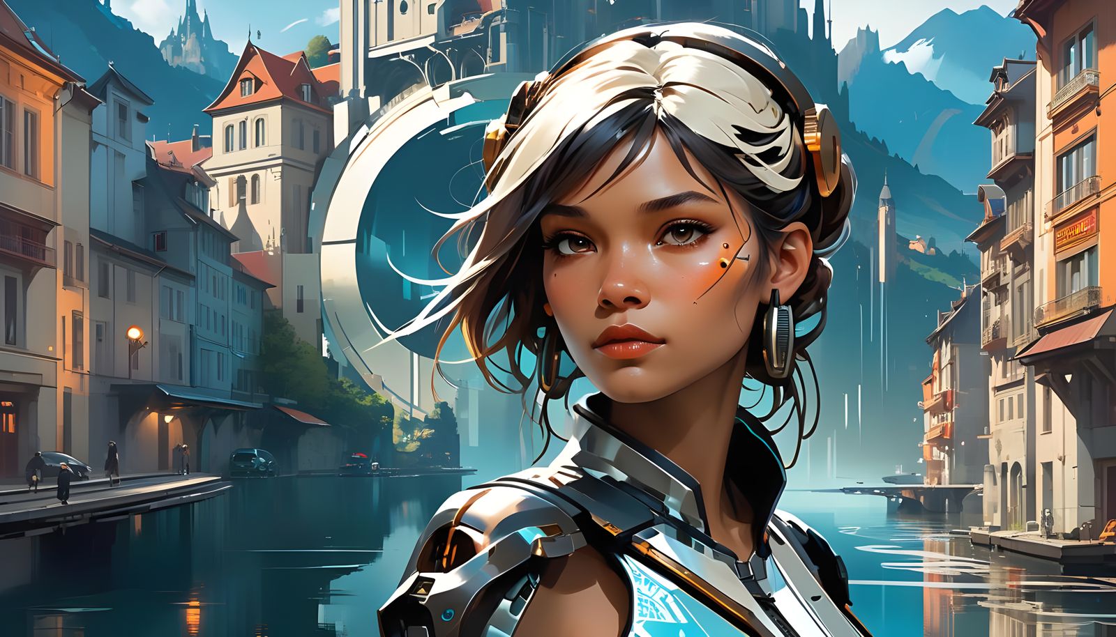 Cyberpunk Swiss Town Reflected in Lake, Digital Art