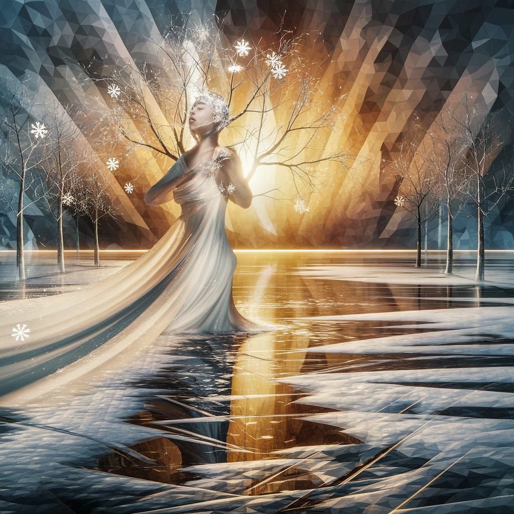 Woman in White Robe with Infinite Triangles