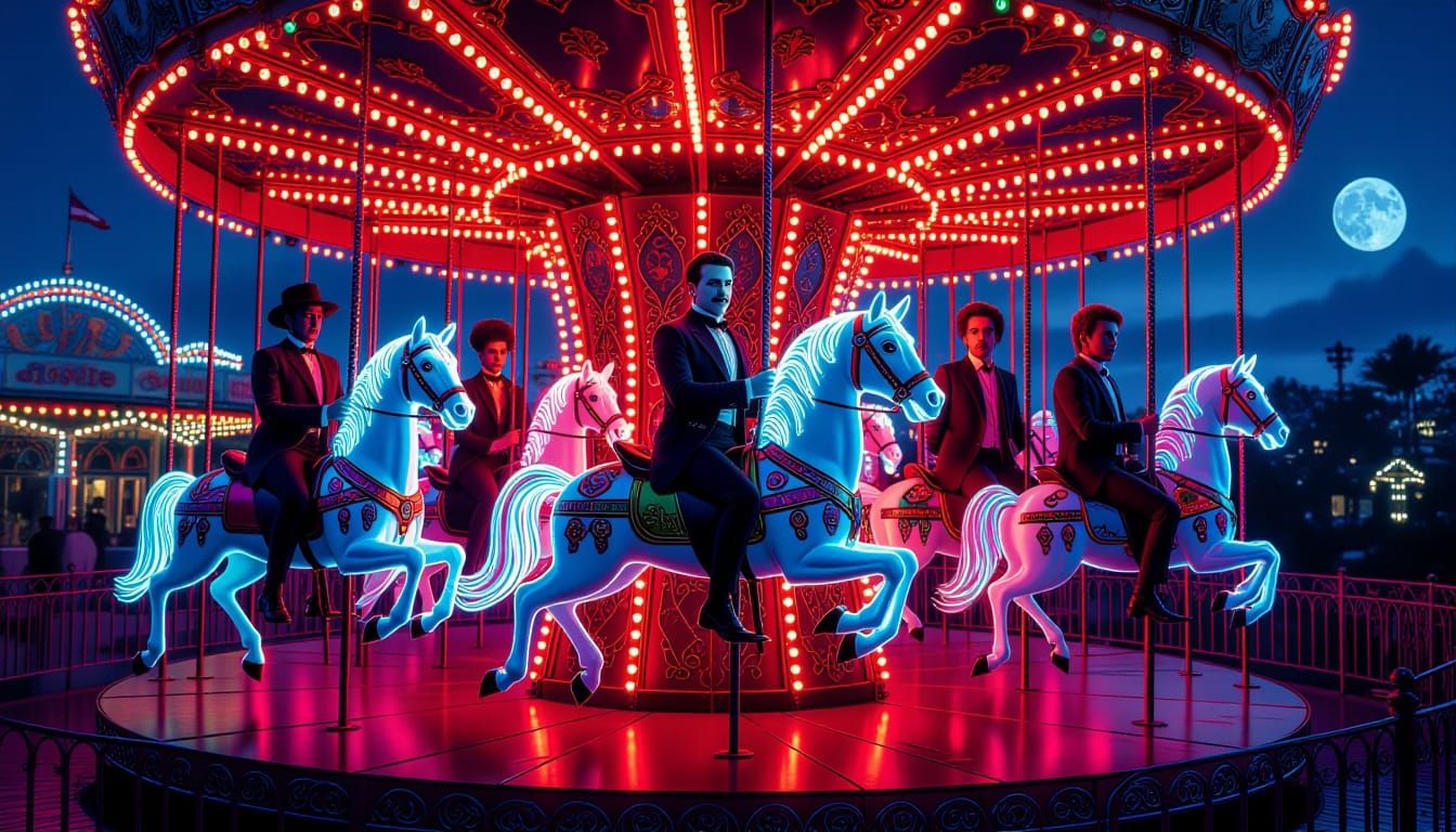 Iconic Figures on Neon Carousel in Luna Park