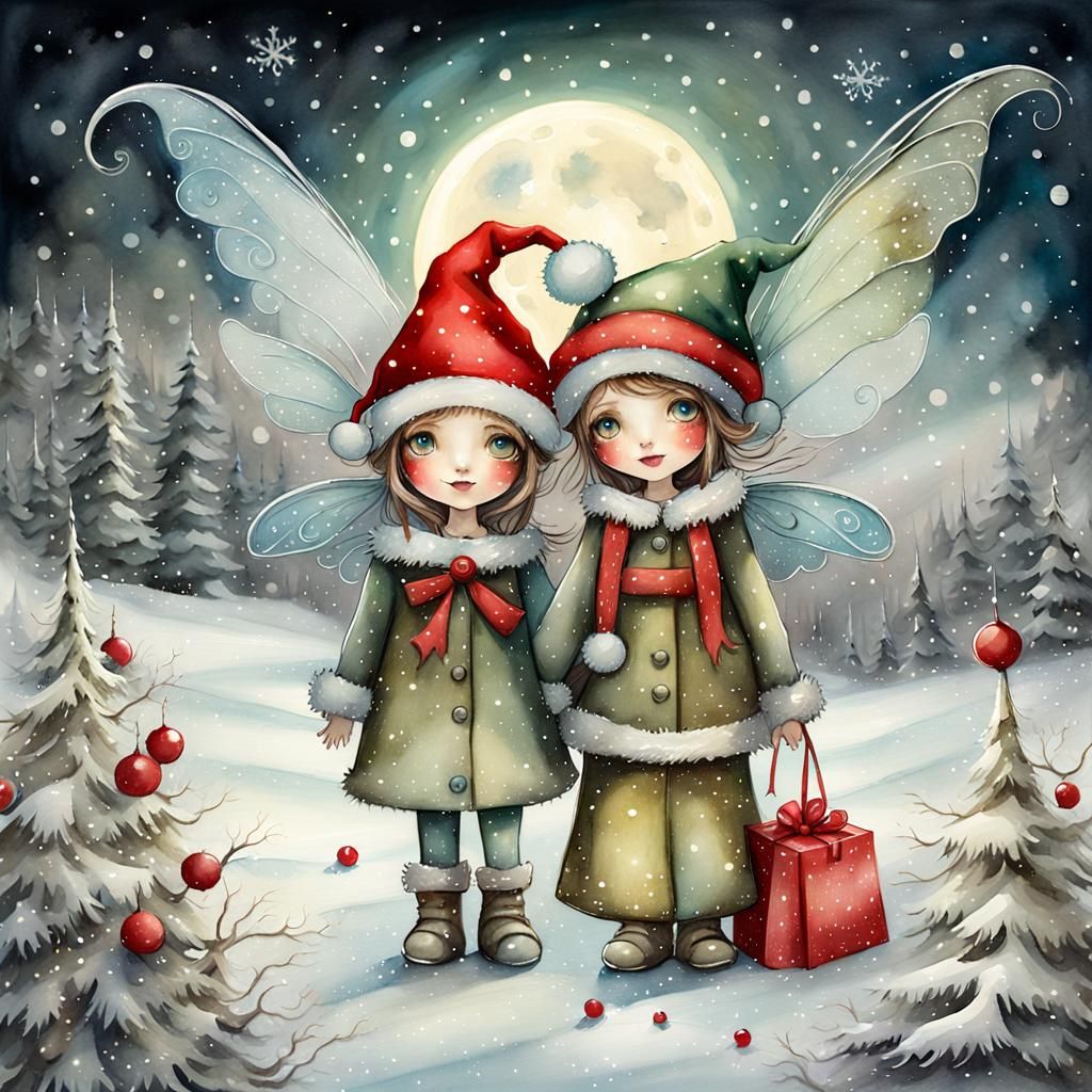 Fairies in Santa Hats Watercolor Painting