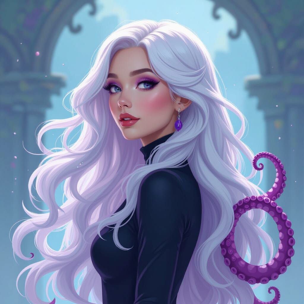 Ursula-Inspired Woman with Flowing White and Purple Hair