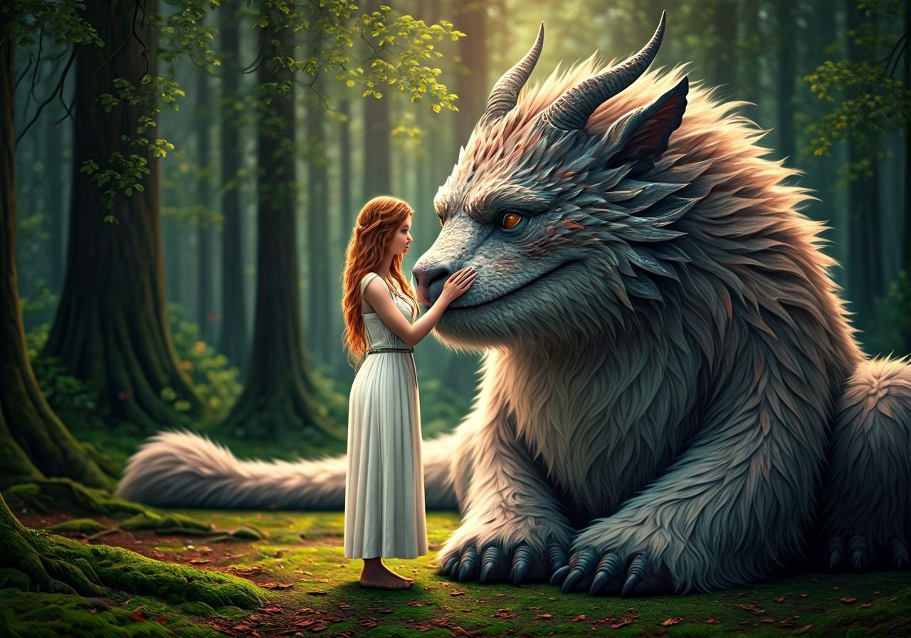 Dragon-like Creature with Woman in Enchanted Landscape