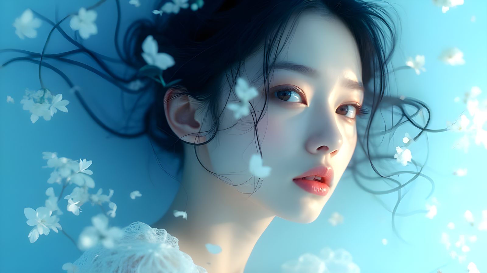 Ethereal Woman in a Dreamscape of Pale Blue Hues