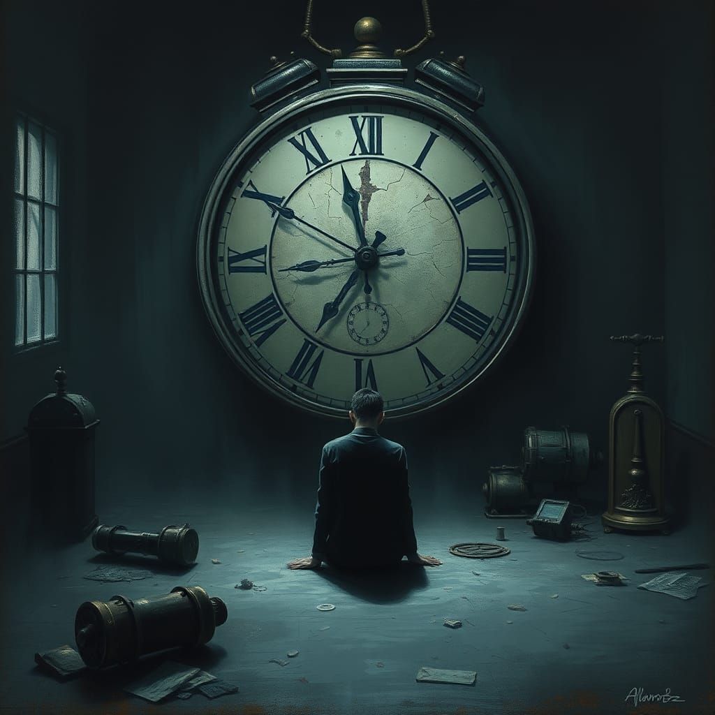 Shattered Time: A Solitary Figure Amidst Broken Clocks
