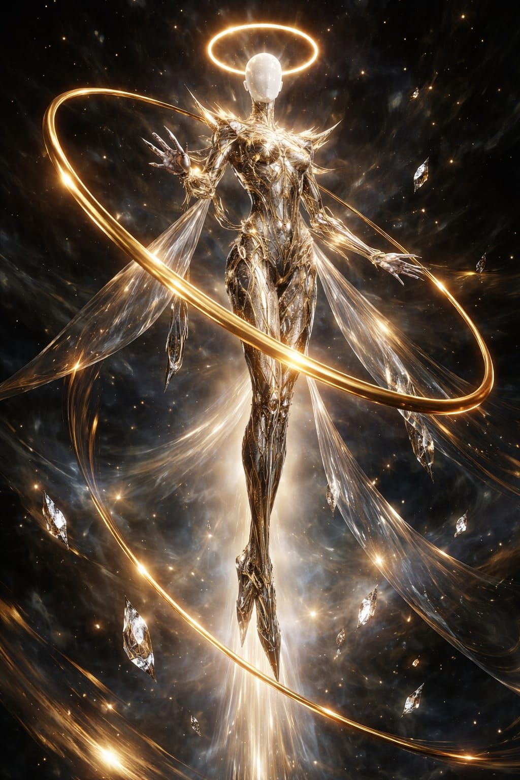 Statue of God Commanding Golden Rings in Dramatic Light