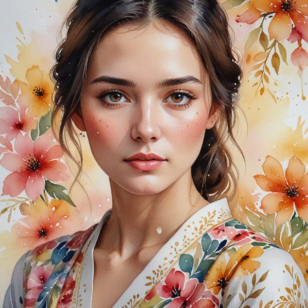 Watercolor Portrait of a Woman with Floral Hair
