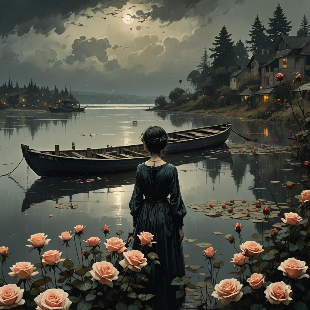 Gloomy Lake Scene with Boat and Roses