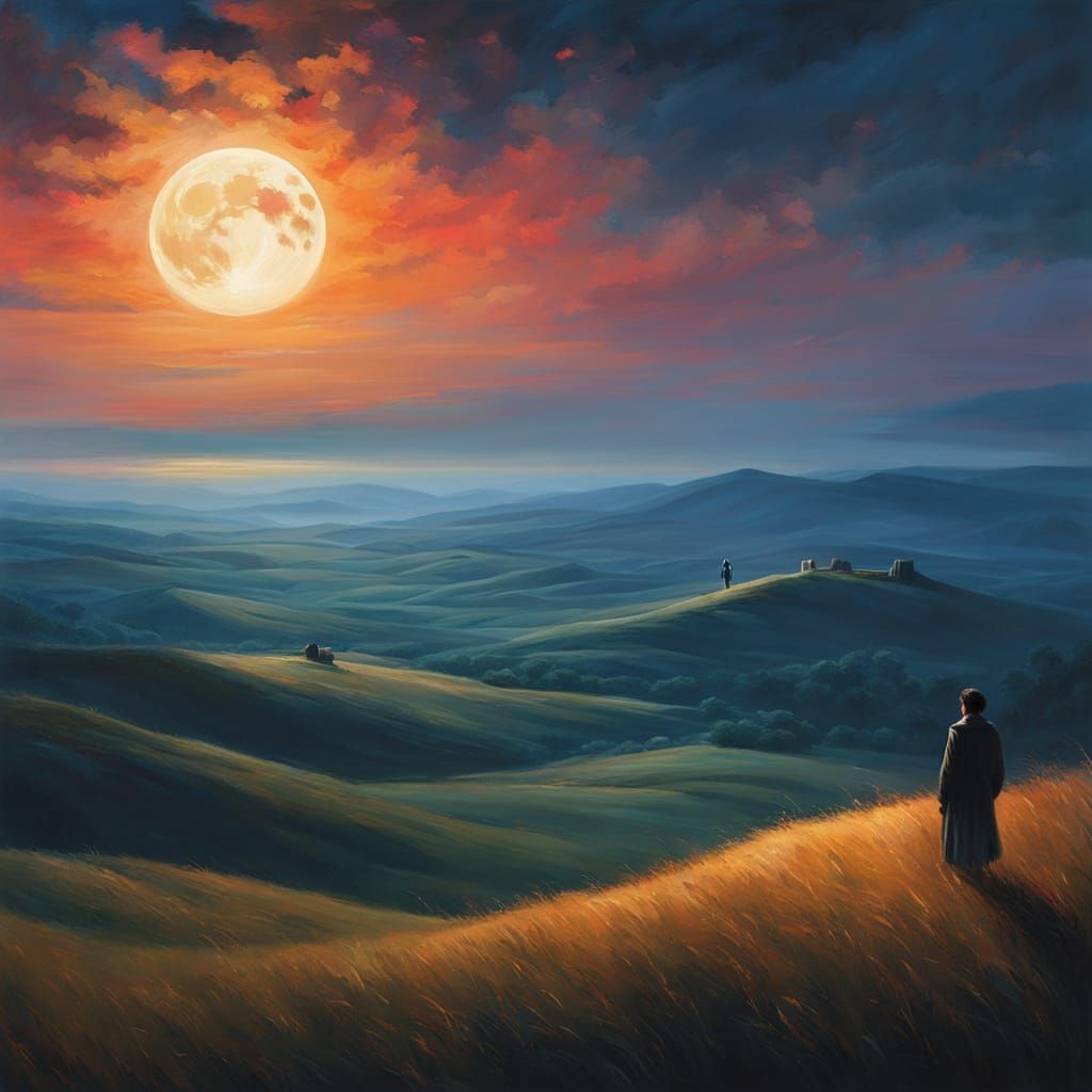 Romantic Landscape Painting of Figure Under Moon