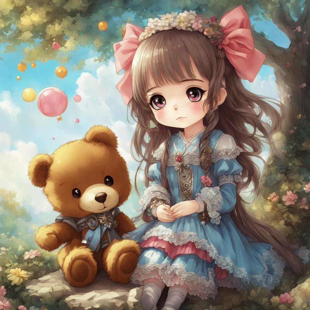 Chibi Girl with Teddy Bear in Anime Style