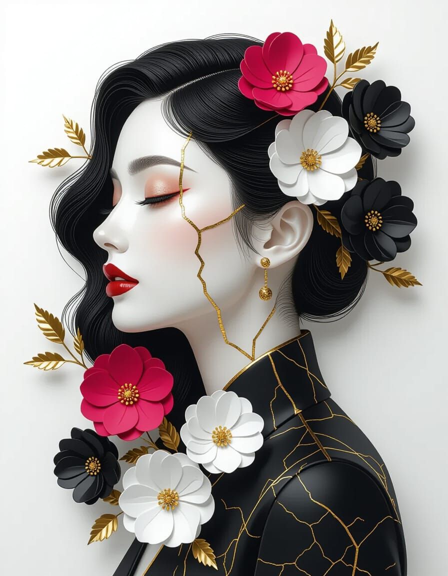 Woman Profile with Golden Kintsugi Joints in Black and White