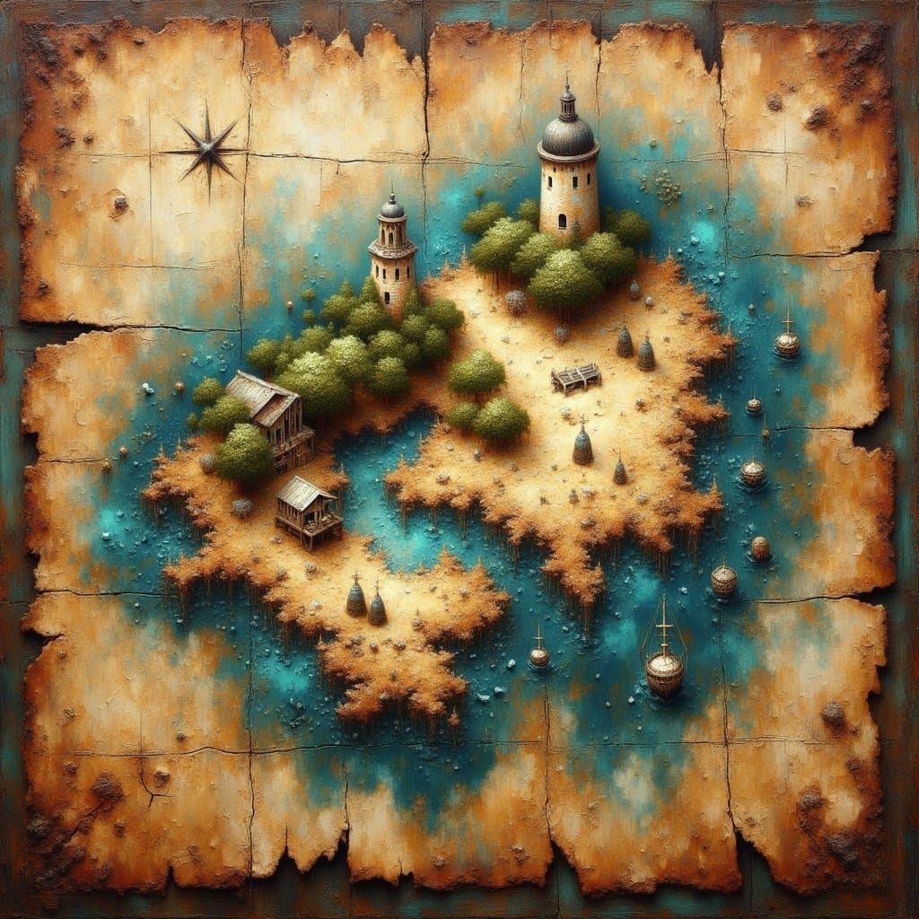 Weathered Treasure Map to Mysterious Island in Impasto