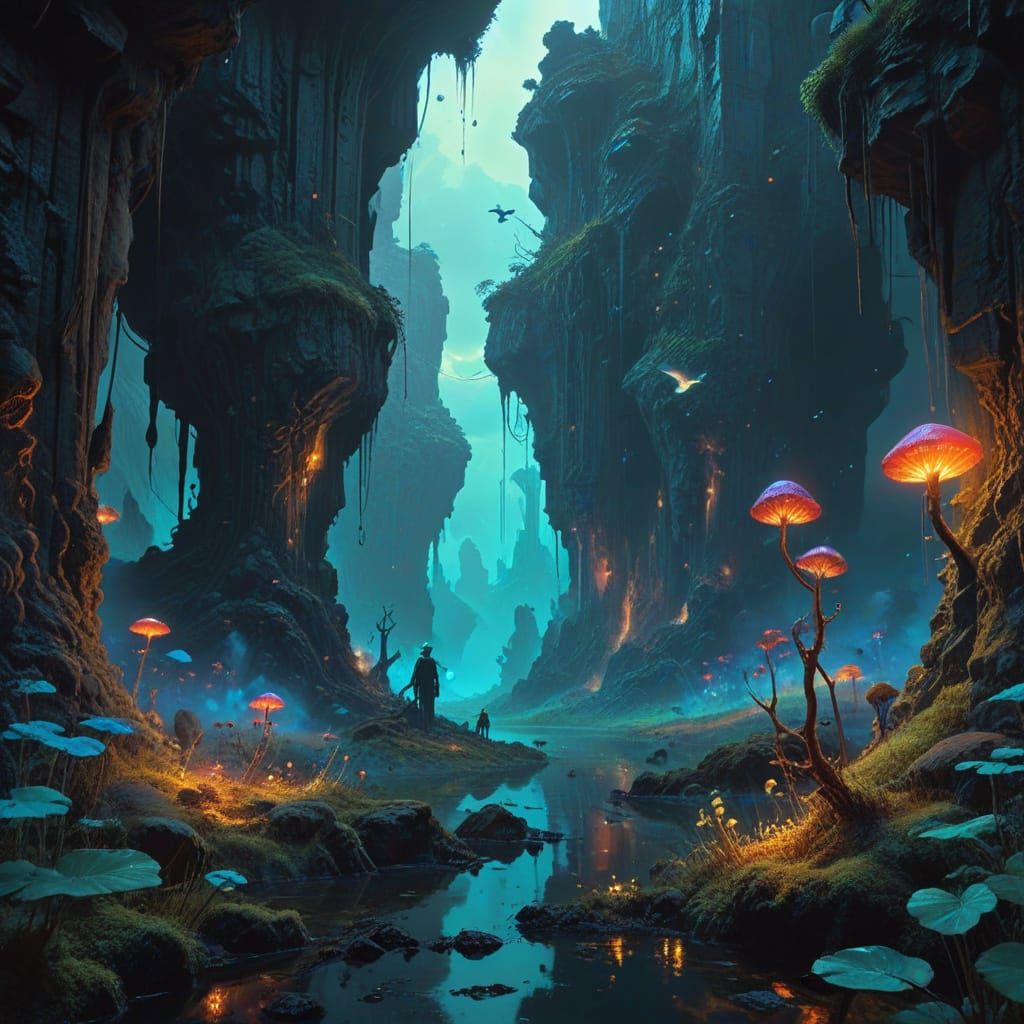 Surreal Space City in Bioluminescent Asteroid