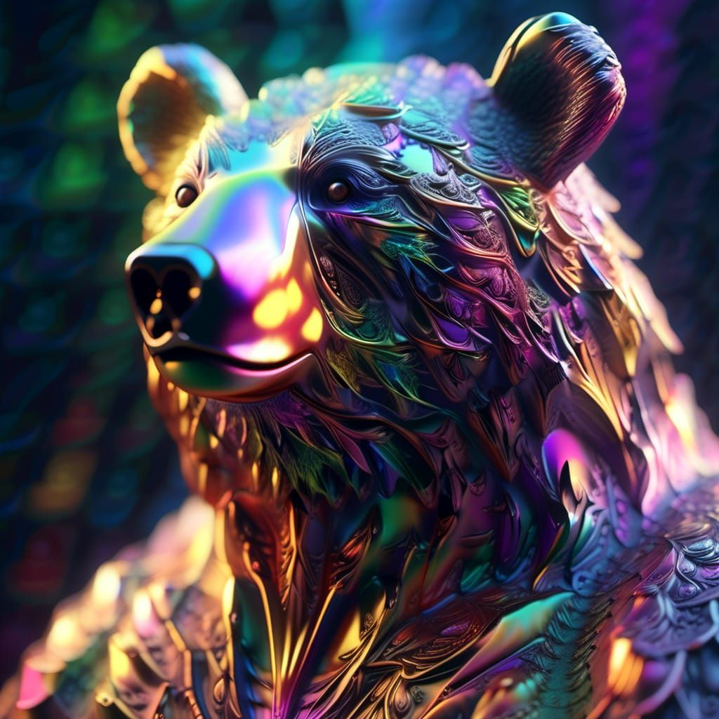 Fractal Bear with Rainbow Mist, Detailed Digital Art