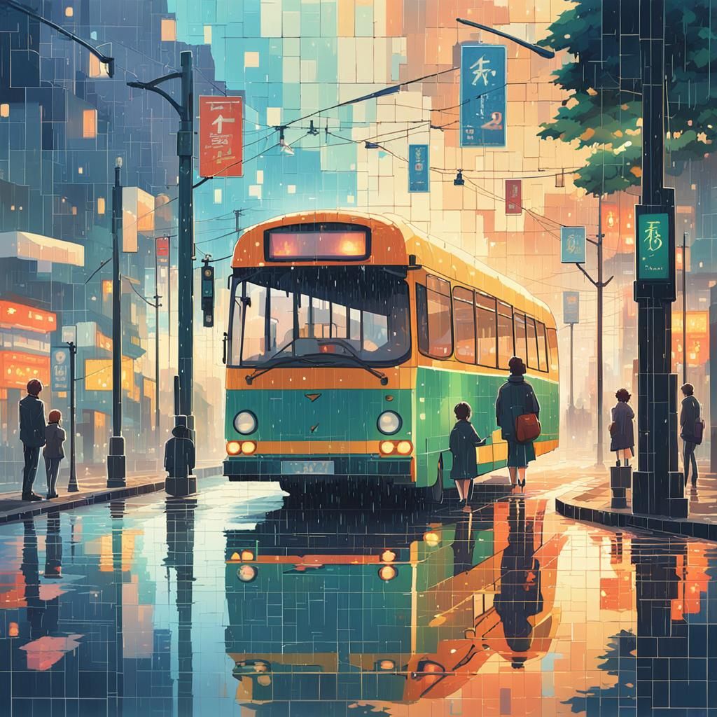 Rainy Bus Stop Mosaic in Ghibli Style