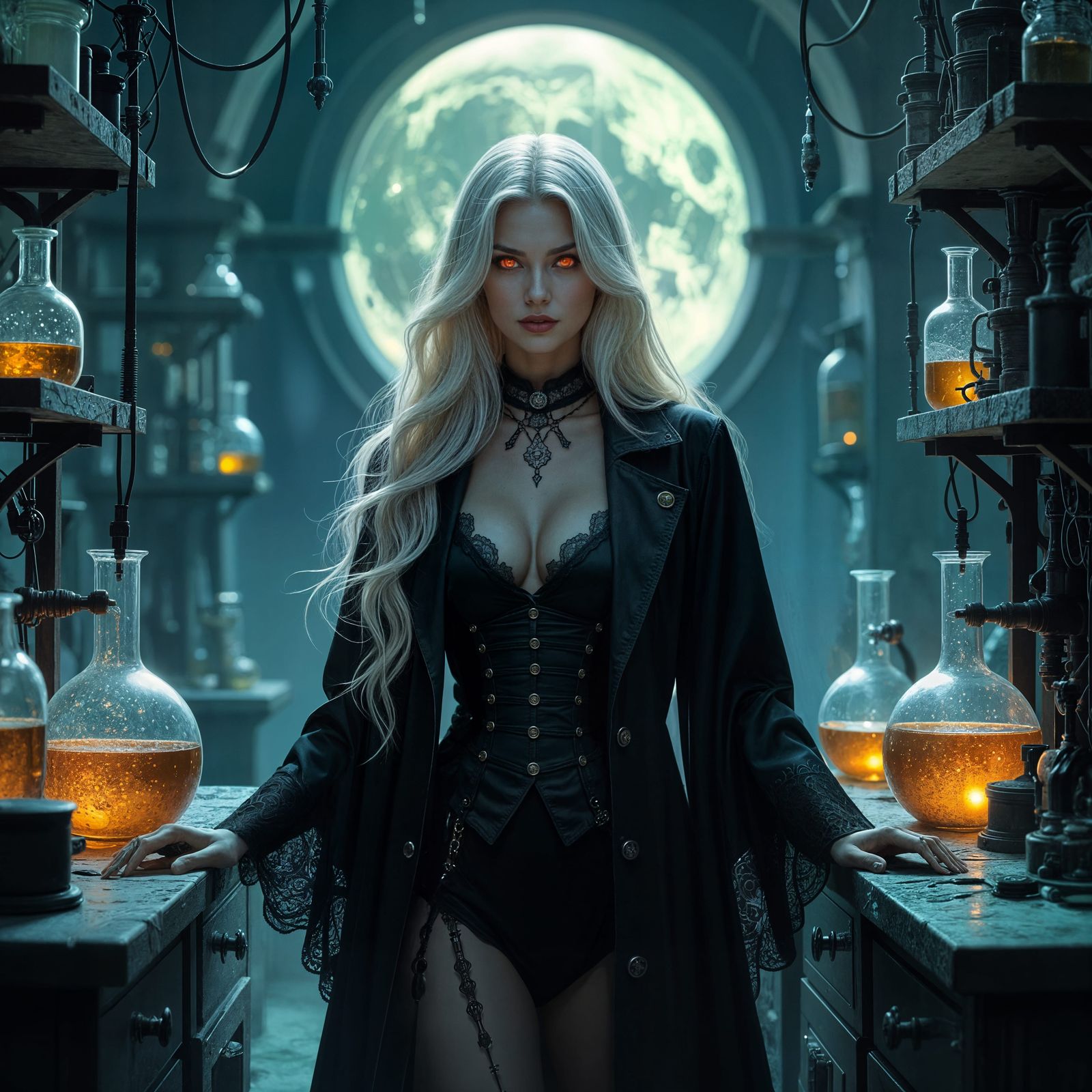 Vampire in Moonlit Lab, Dark Fantasy Art