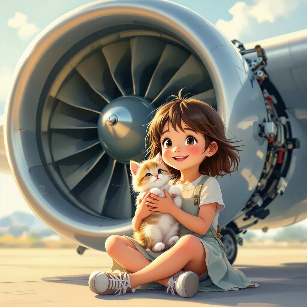 Girl Hugs Kitten Inside Airplane Engine in Digital Art Style