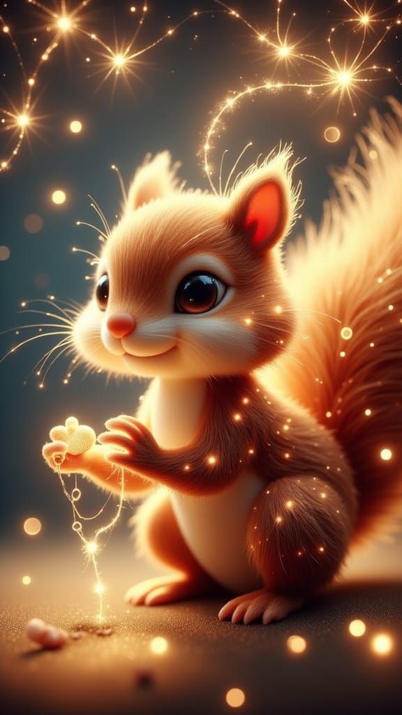 Cute Squirrel in Fantasy World with Fireflies