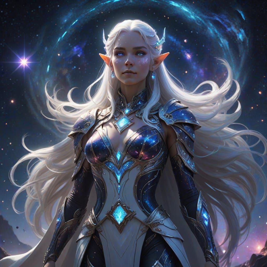 Cosmic Heroine with Starlight Aura and Elven Ears