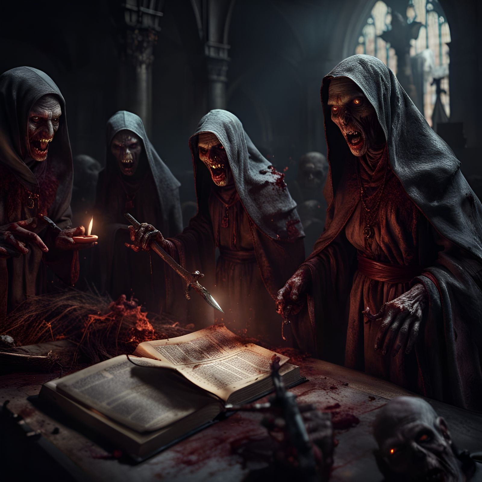 Demonic Bible Scene with Zombie Nuns in Hell
