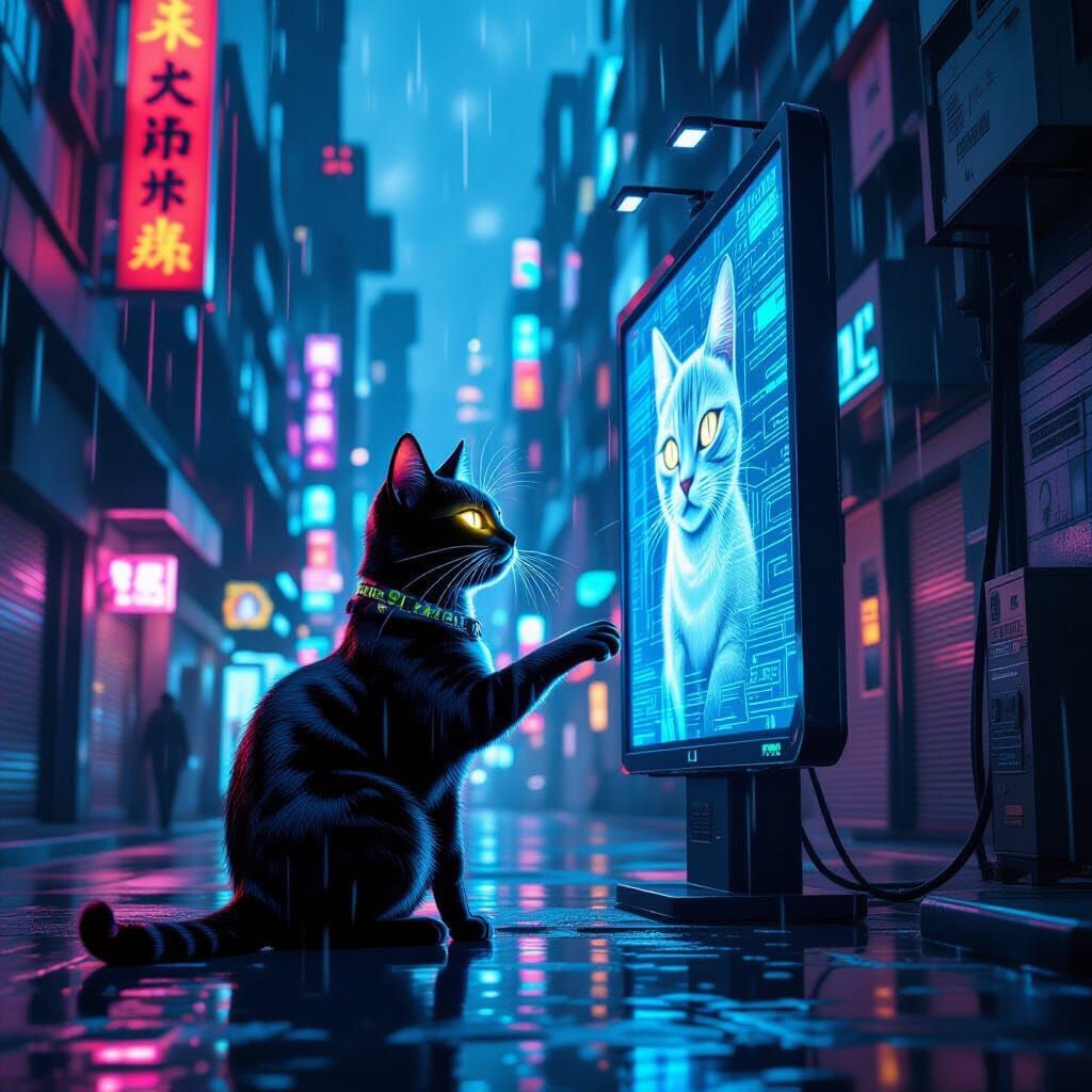 Cyberpunk Cat Hacker in Neon Cityscape