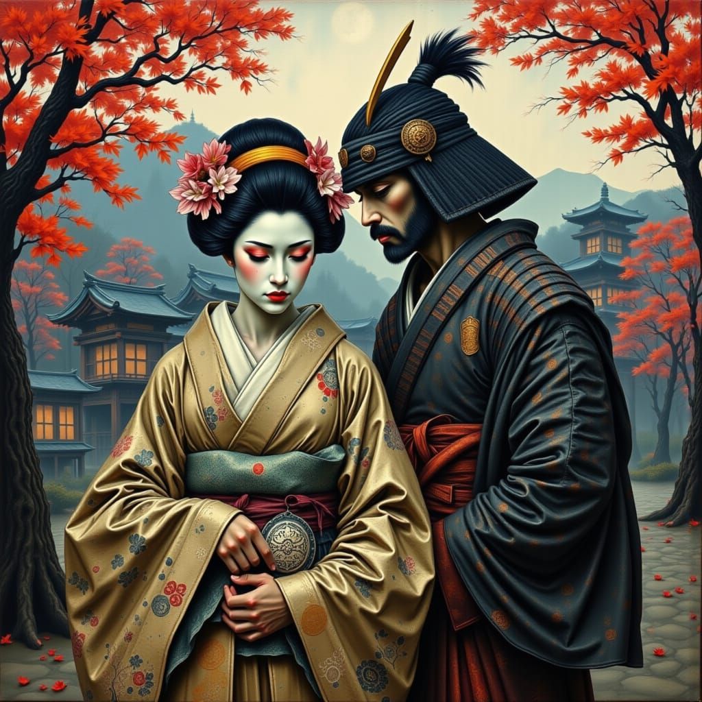 Mourning Geisha and Samurai Lover in Temple