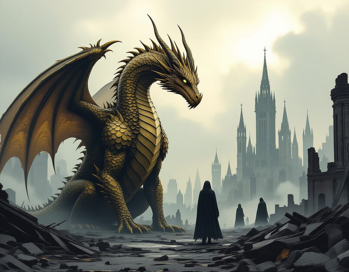 Fallen Dragon in Ruined City: Dark Fantasy Art