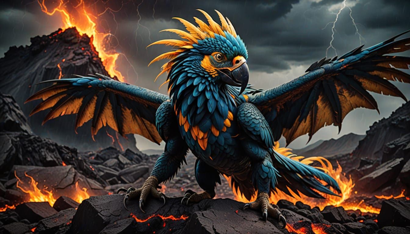 Dark Fantasy Dragon with Vibrant Macaw-Inspired Feathers and...