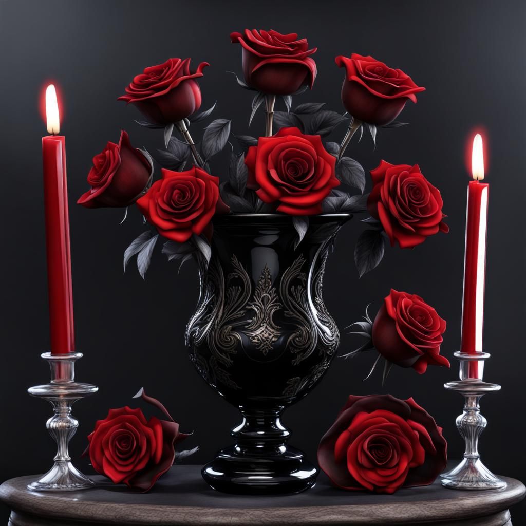 Gothic Black Roses with Red Tips on Altar