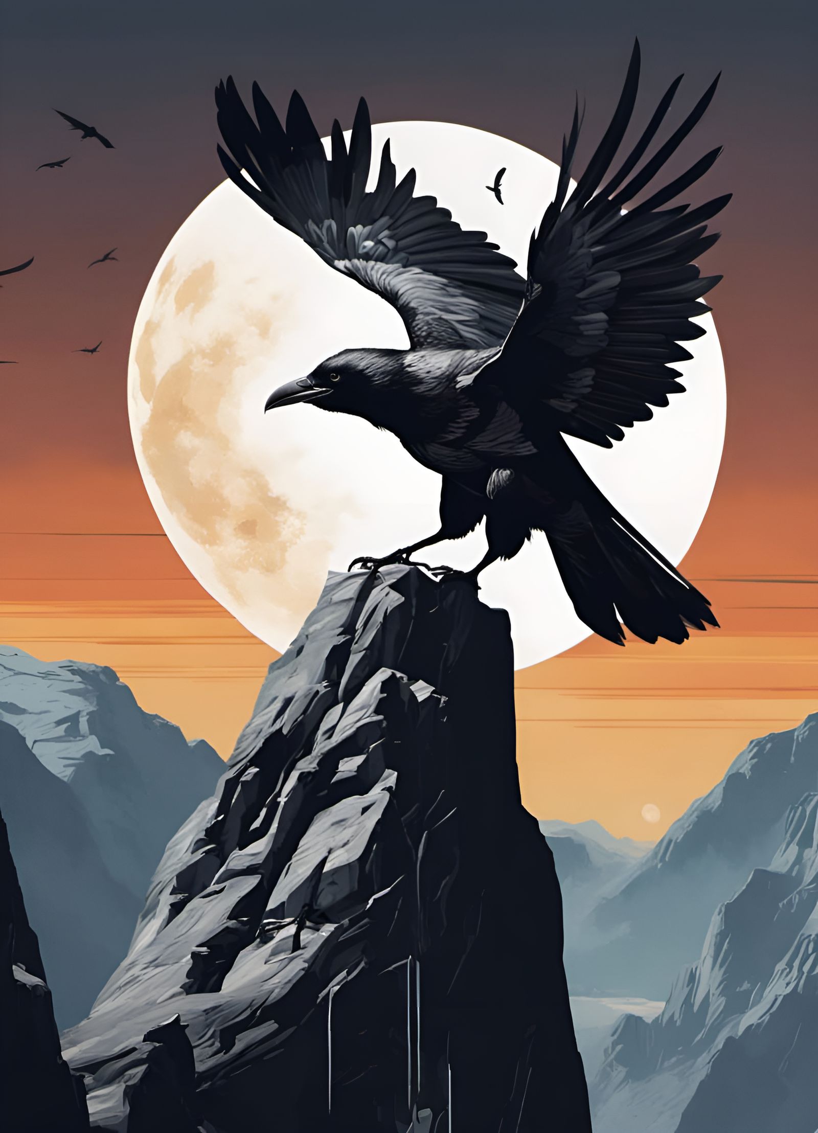Raven on Mountainside in Surreal Style