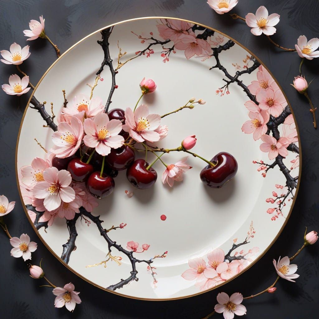 Glossy Cherries on Hand-Painted Chinese Plate with Cherry Bl...