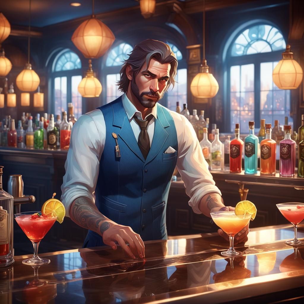Bartender Portrait with Cocktails, Hyperdetailed Digital Art