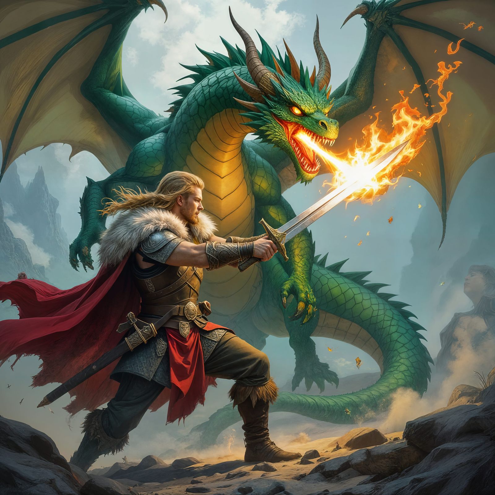 Viking Prince Slaying Dragon, Fantasy Art