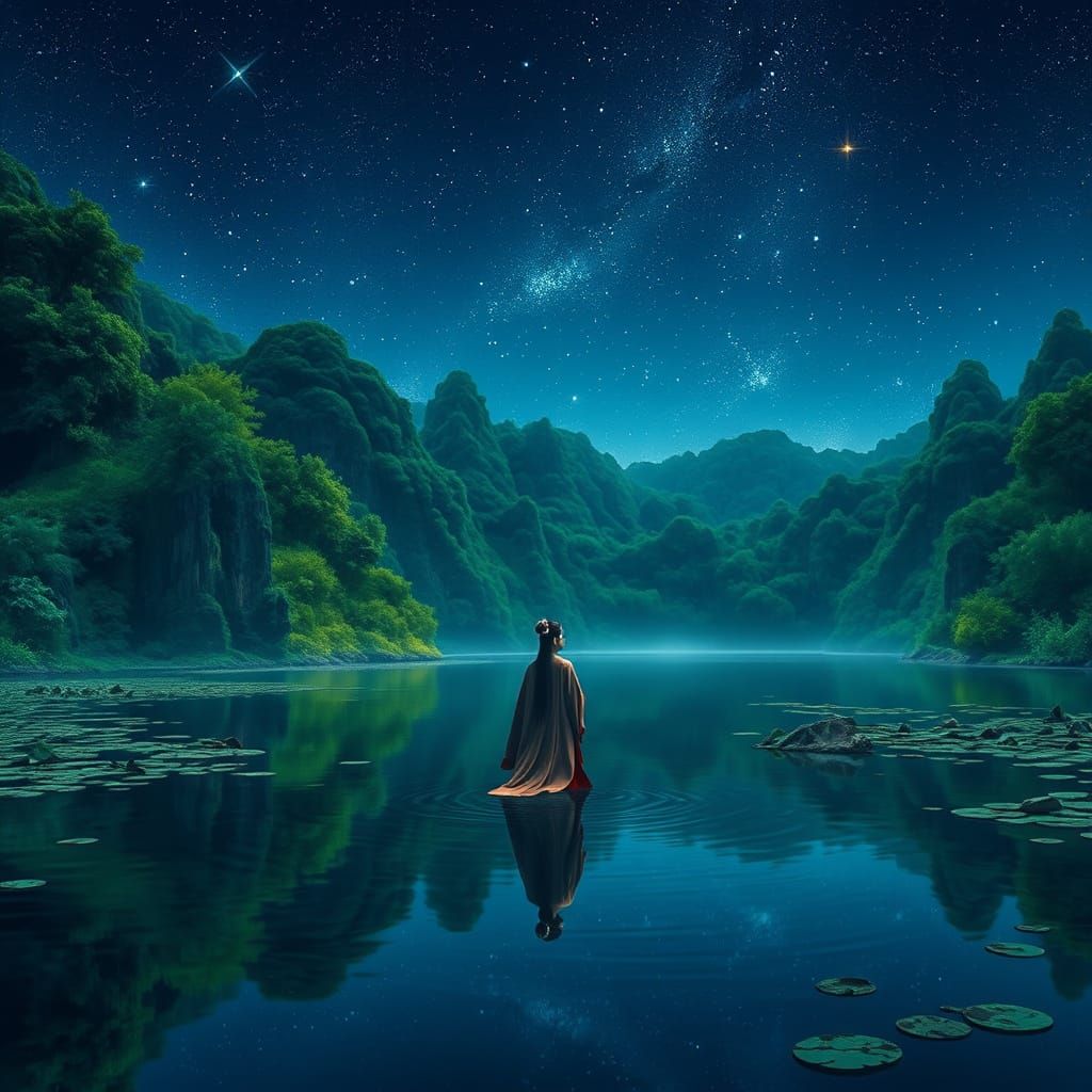 Woman in Ancient Jungle Lake at Night