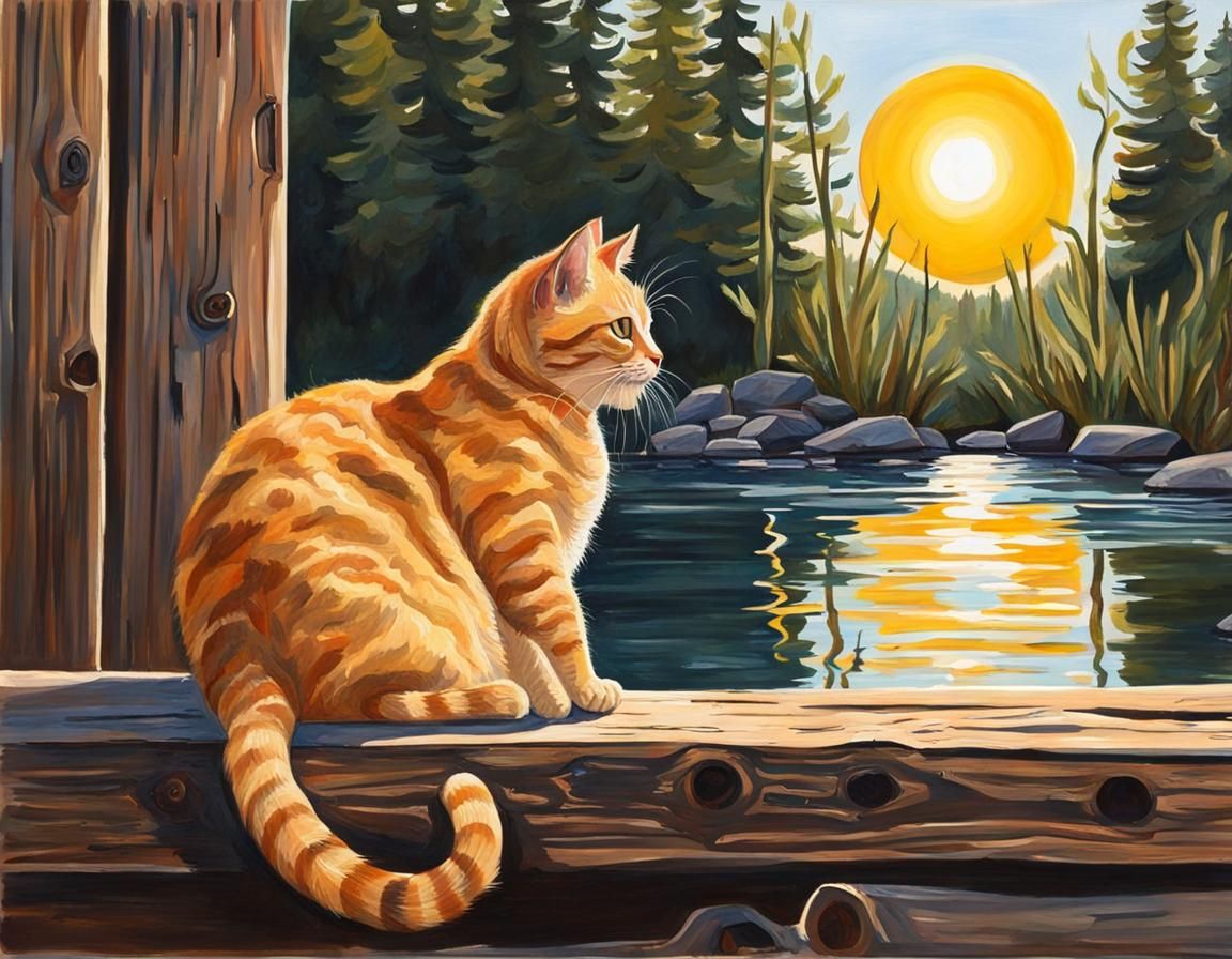 Cat in Wood and Water: Gouache Painting
