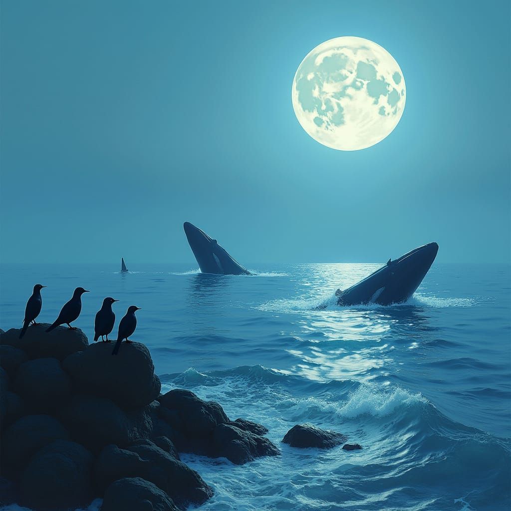 Whales Under Moonlight in Futuristic Digital Art