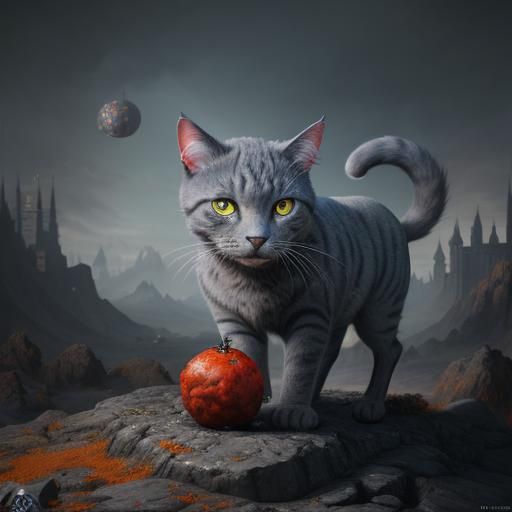 Gray Cat Contemplates a Meatball: Detailed Digital Art