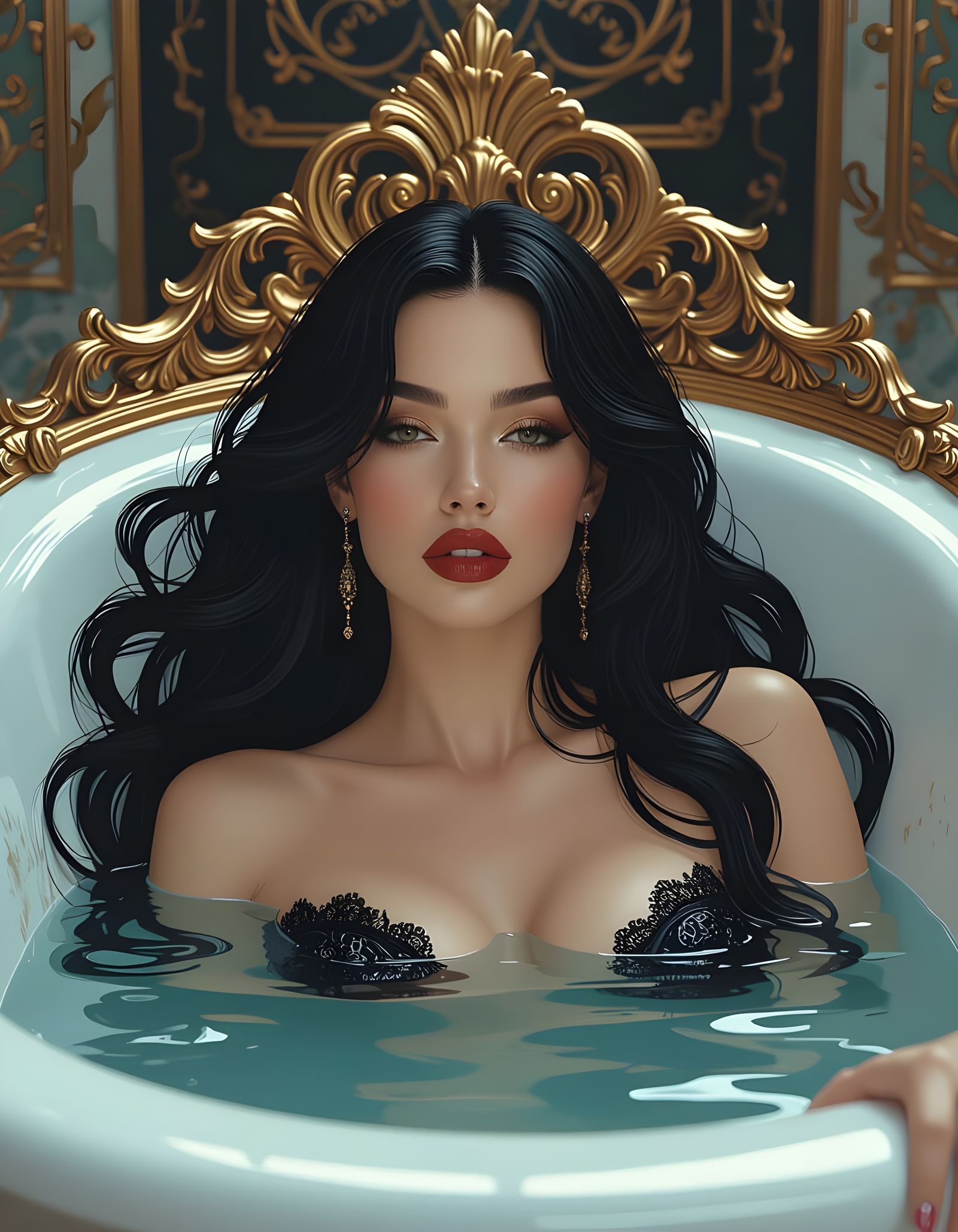 Elegant Woman in Lavish Bath, Surrealist Art
