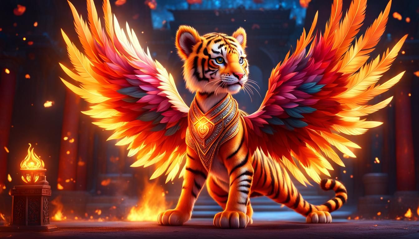 Tiger cub with flaming magical feathers