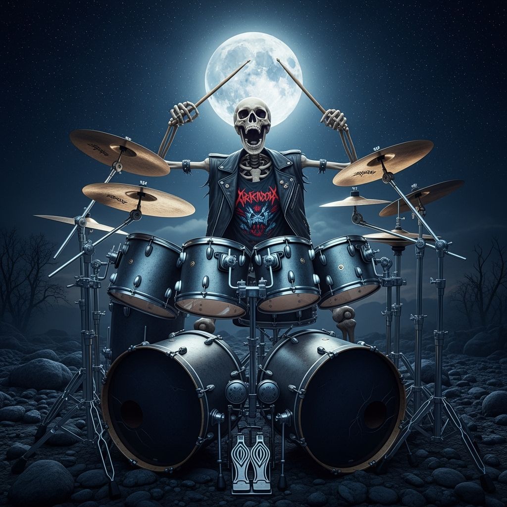 Skeleton Drummer Rocks Out Under Full Moon