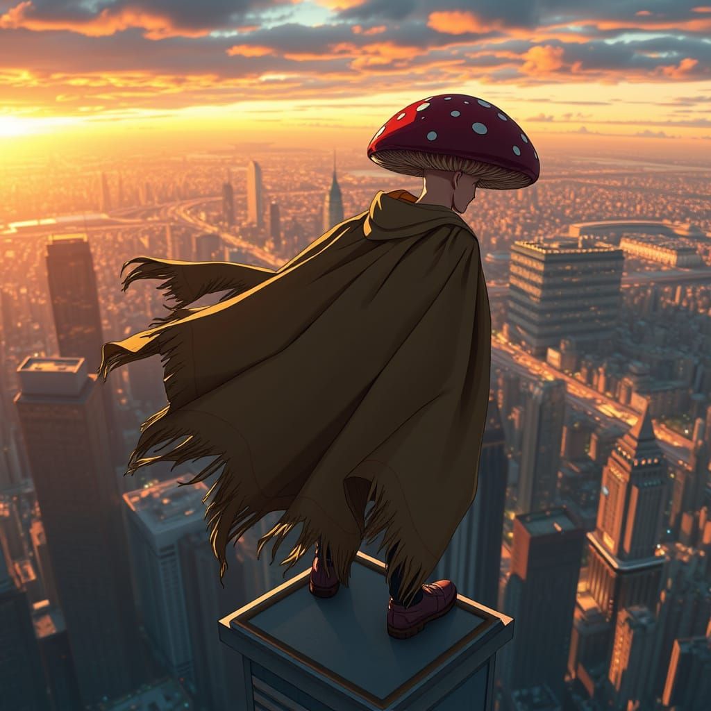 Fantastical Mushroom Hero Stands Vigilant at Dusk