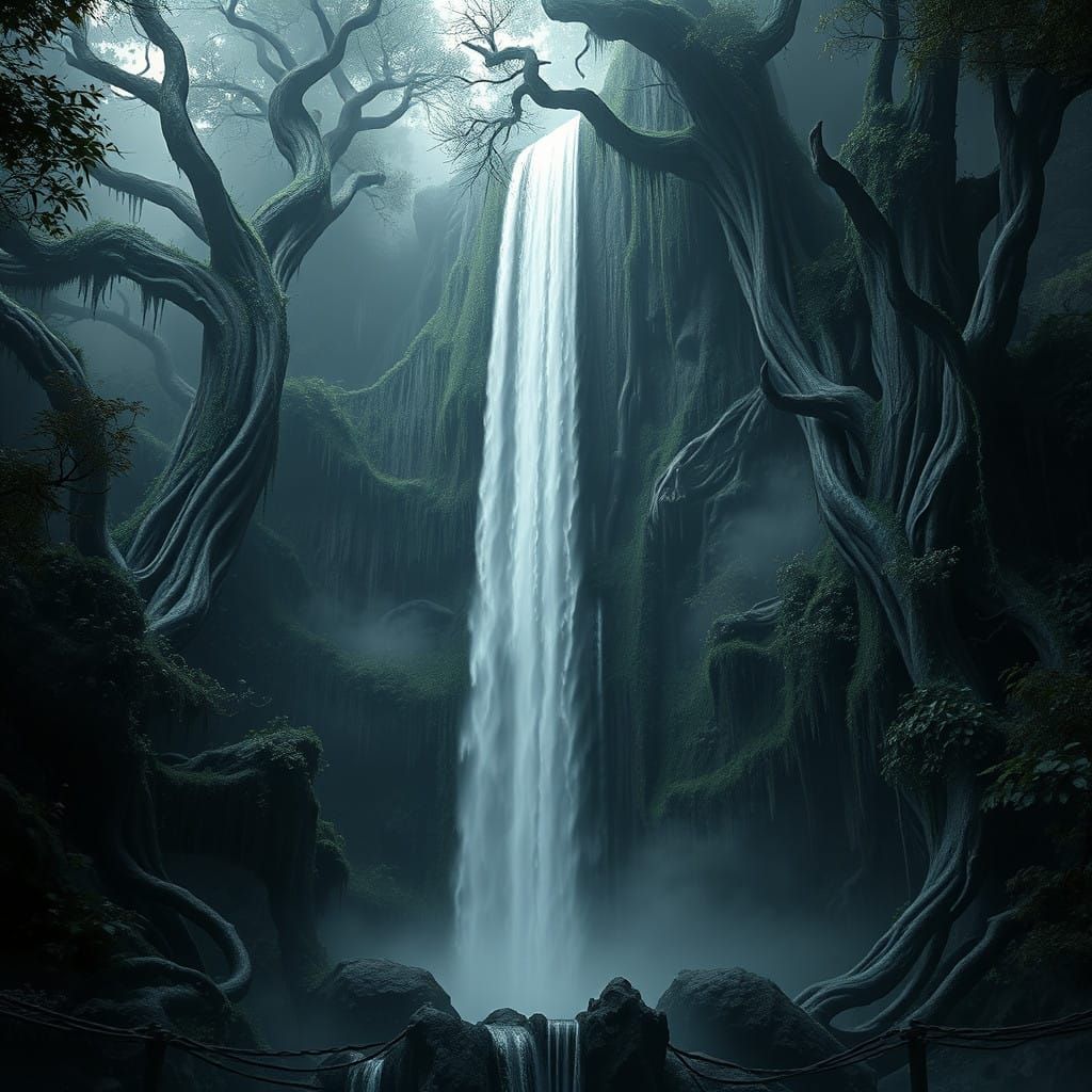 Gravity-Defying Waterfall in Monochromatic Jungle Landscape