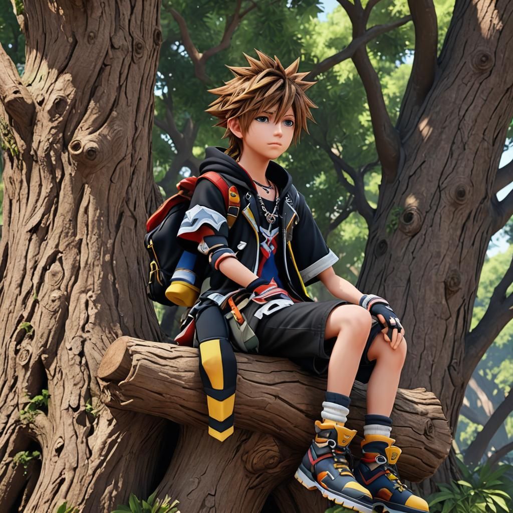 Gender-Swapped Sora on Tree Trunk: 3D Anime Art