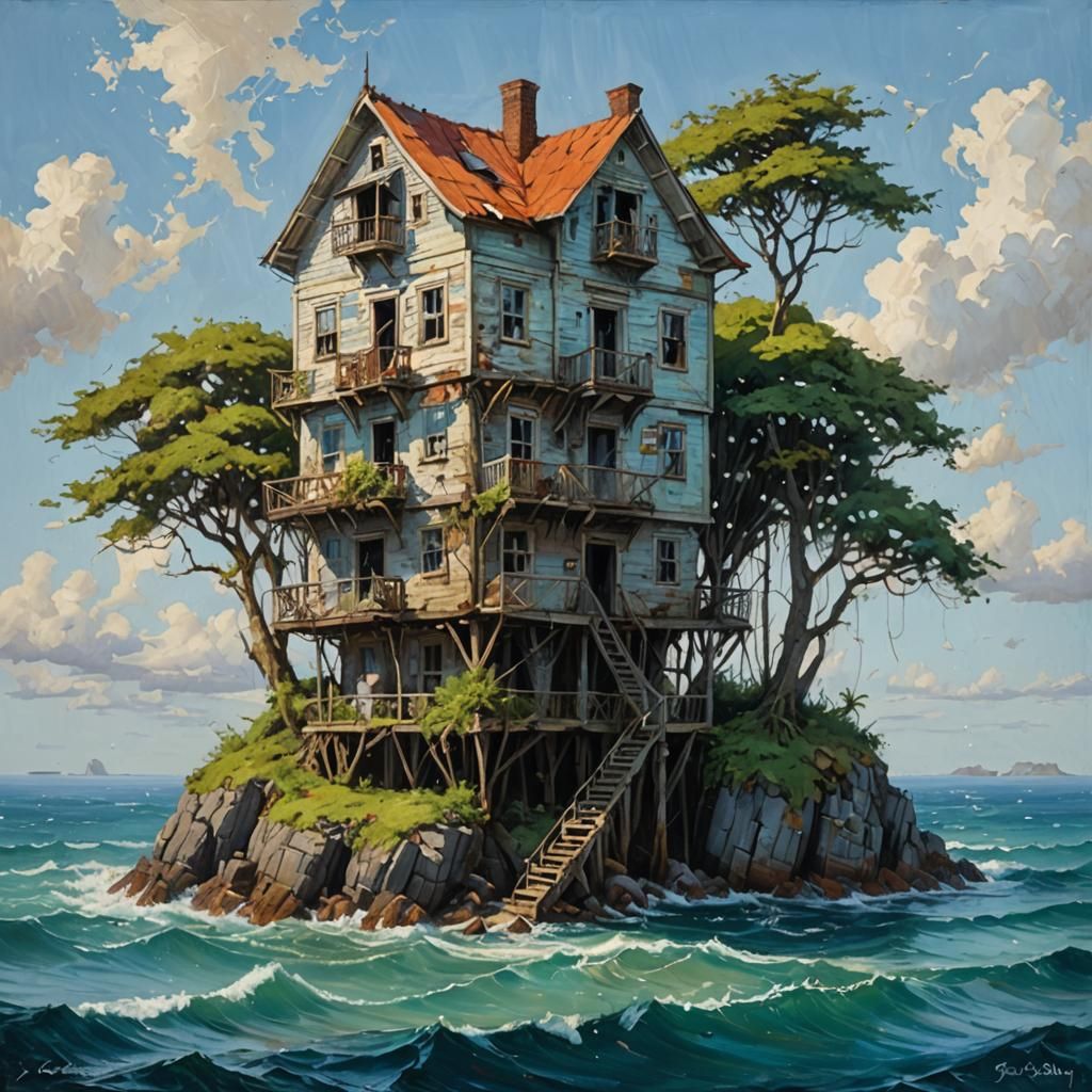 Seaside House Oil Painting on Deserted Island